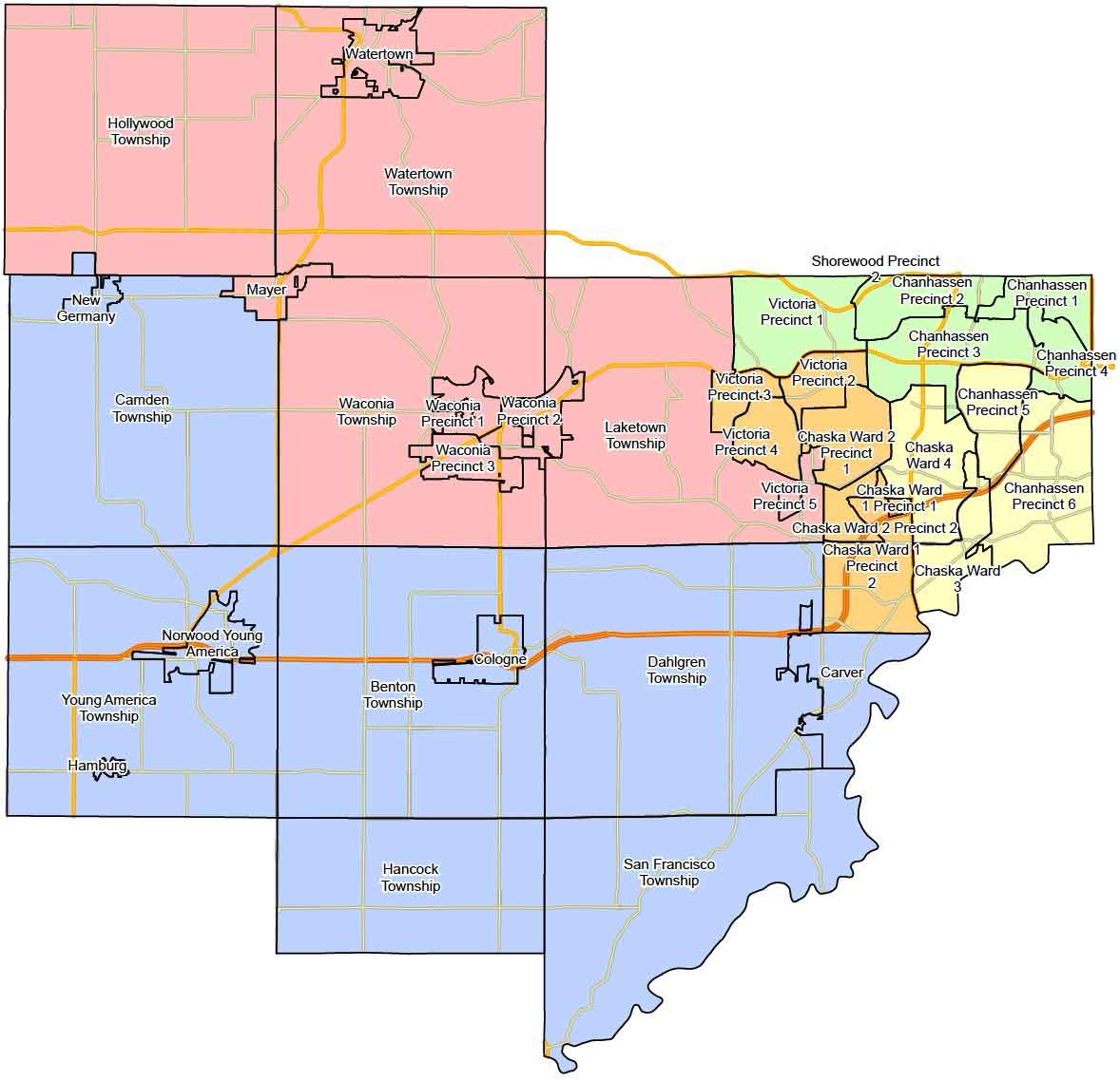 Carver County district map, color coded